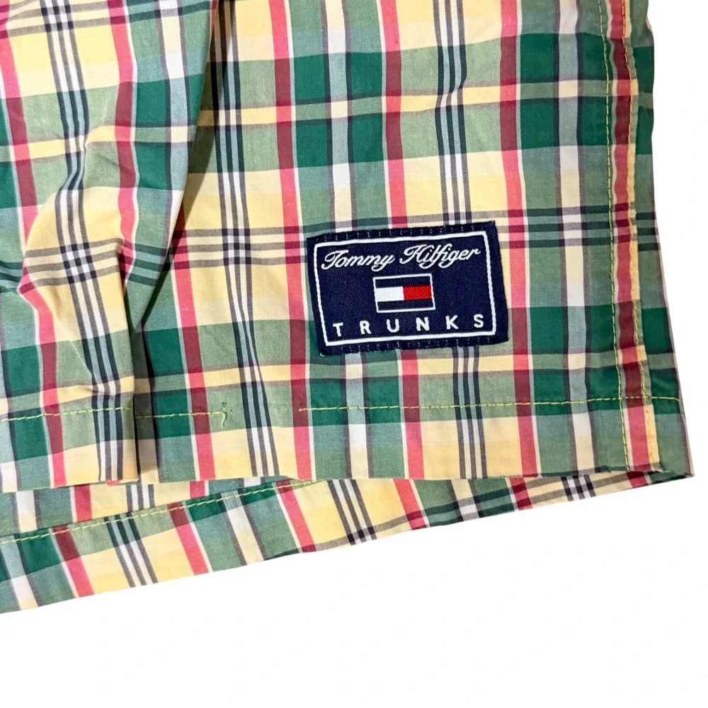 Tommy Hilfiger Trunks Mens Medium Plaid Swim Shorts Green Yellow Red Vintage